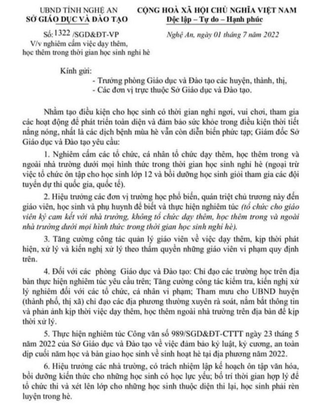 Văn bản nghiêm cấm dạy thêm, học thêm của Sở giáo dục và Đào tạo tỉnh Nghệ An