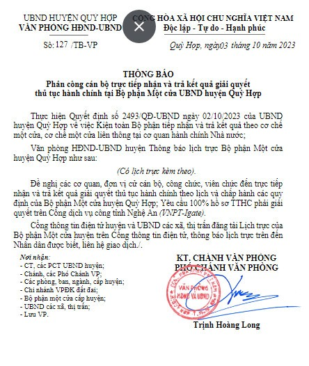 THÔNG BÁO PHÂN CÔNG CÁN BỘ TRỰC TIẾP NHẬN VÀ TRẢ KẾT QUẢ GIẢI QUYẾT THỦ TỤC HÀNH CHÍNH TẠI BỘ PHẬN MỘT CỬA UBND HUYỆN QUỲ HỢP