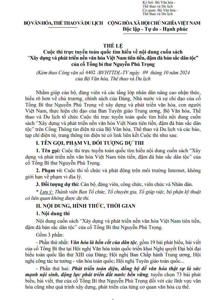 THỂ LỆ CUỘC THI TRỰC TUYẾN TOÀN QUỐC TÌM HIỂU VỀ NỘI DUNG CUỐN SÁCH “XÂY DỰNG VÀ PHÁT TRIỂN NỀN VĂN HÓA VIỆT NAM TIÊN TIẾN, ĐẬM ĐÀ BẢN SẮC DÂN TỘC” CỦA CỐ TỔNG BÍ THƯ NGUYỄN PHÚ TRỌNG